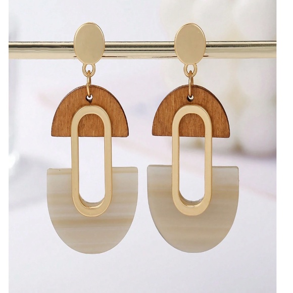 Gold Tone Stainless Steel Statement Wood Earrings - Picture 1 of 3